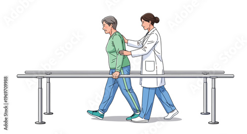 Physical therapist assisting senior woman with walking rehabilitation