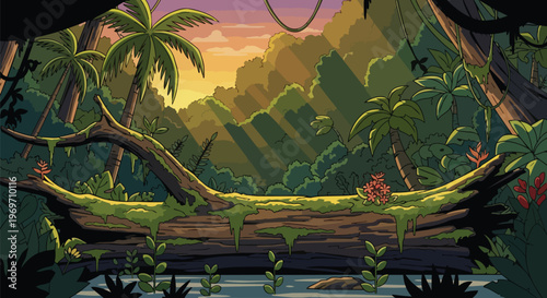 Pixel Art Jungle Landscape with Fallen Log and Tropical Forest Sunset