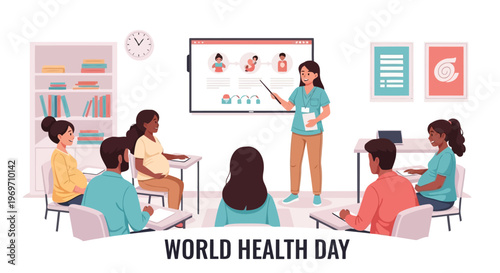 Pregnant women attend health class presentation on pregnancy stages