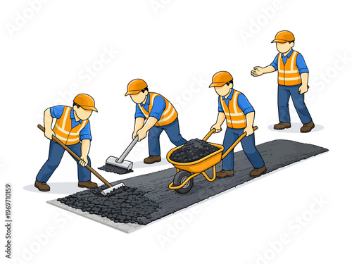 Road Construction: A team of construction workers is meticulously building a road, demonstrating the step-by-step process of asphalt paving.