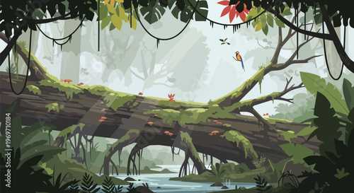 Tropical Rainforest Landscape with Fallen Tree and Exotic Birds