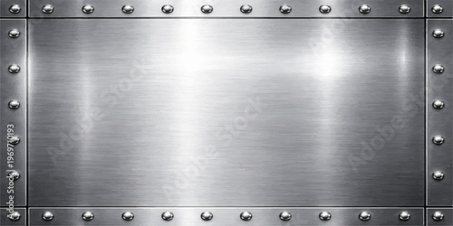 Industrial brushed steel plate background featuring a silver metallic texture with stainless rivets and a shiny chrome surface pattern on a gray aluminum material panel