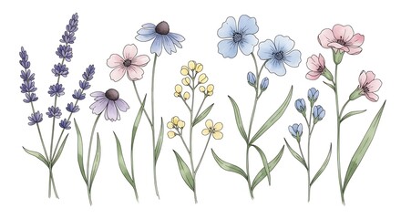 A collection of flowers and plants with leaves