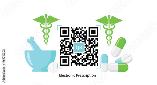 Electronic prescription concept with QR code and pharmacy icons