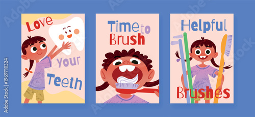 Set of Dental care posters with Girl, Tooth character, Toothbrush and Toothpaste. Oral Hygiene Education for Children, healthy brushing routine. Flat vector illustration
