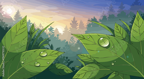 Fresh Green Leaves with Morning Dew Drops in a Forest Landscape