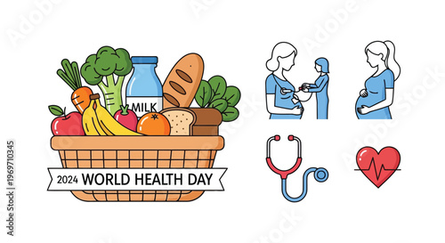 Healthy food basket with maternal care icons for World Health Day