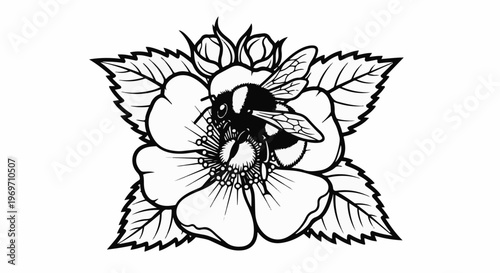 Detailed illustration of a bumblebee collecting nectar from a large, open flower