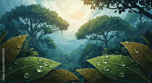 Tropical Rainforest Landscape with Dewy Leaves in Foreground