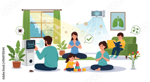 Family practicing yoga in clean indoor environment with air purifier