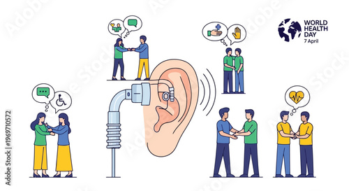 People using sign language and hearing aid for disability awareness