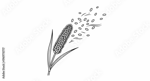 Detailed illustration of a stalk of grain with scattering seeds and leaves