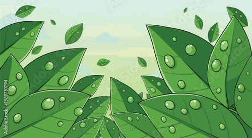Fresh Green Leaves with Morning Dew Drops Background