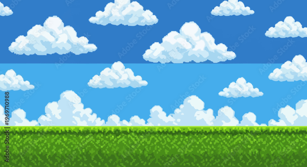 Fototapeta premium A vibrant pixel art landscape featuring a bright blue sky filled with fluffy white clouds above a lush green grassy field.