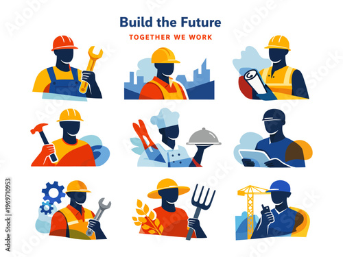 Build the Future: A colorful illustration shows diverse professionals working towards a collective future, each figure embodying a unique trade or profession.