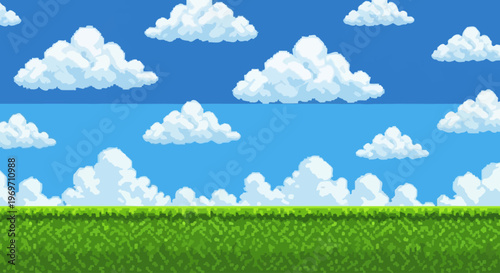 A vibrant pixel art landscape featuring a bright blue sky filled with fluffy white clouds above a lush green grassy field.