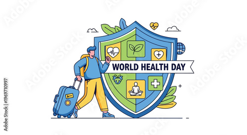 Traveler with suitcase standing next to health protection shield