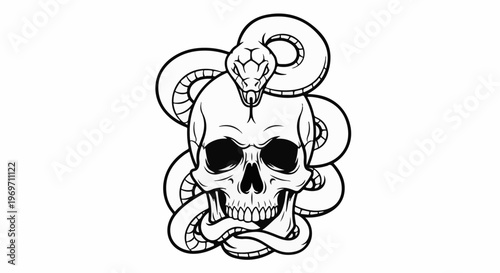 Detailed line art illustration of a coiled serpent atop a human skull, rendered in black and white