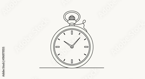 A minimalist line drawing of a classic pocket watch with a chain, set against a plain background.