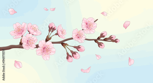 A delicate branch of pink cherry blossoms with falling petals against a soft gradient sky, evoking the beauty of spring.