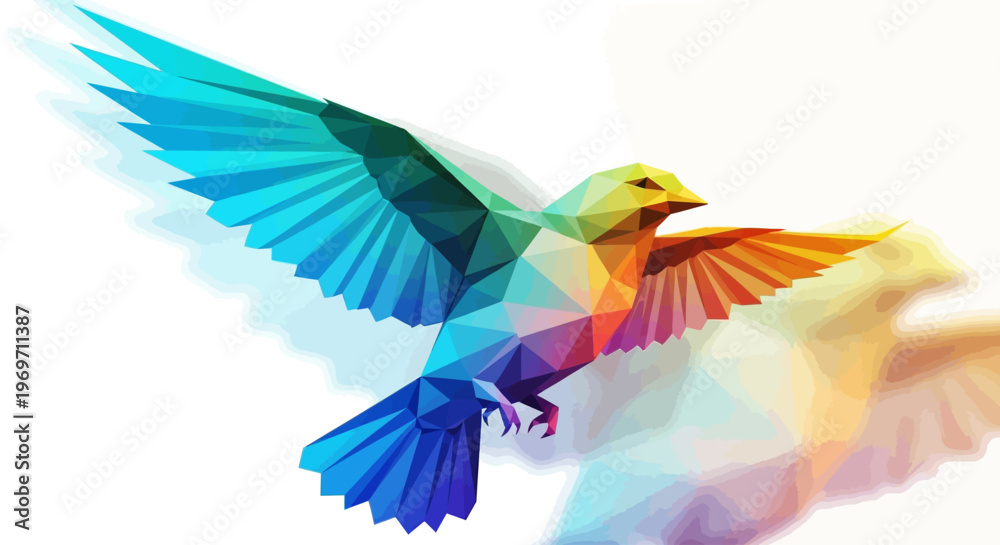 Fototapeta premium A vibrant, low-poly bird with wings spread wide, rendered in a spectrum of rainbow colors, soaring against a white background with a subtle shadow.