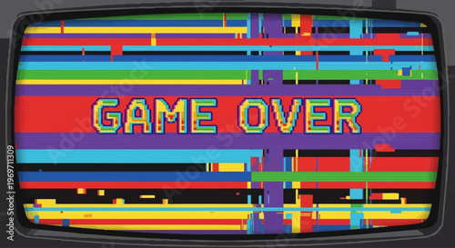 Retro television screen displaying pixelated 'GAME OVER' message with colorful static and glitch effects, evoking vintage video game aesthetics.
