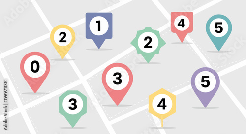 Collection of numbered map pins and location markers scattered across a stylized map background.