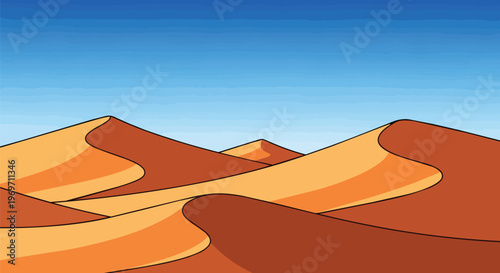 Cartoon Desert Landscape with Rolling Sand Dunes and Clear Blue Sky