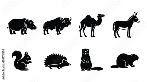 A collection of diverse animal silhouettes including a hippo bison camel and several smaller creatures in black silhouette high quality professional