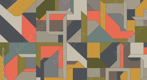 Abstract geometric composition with interlocking shapes and a palette of muted earth tones and coral accents.