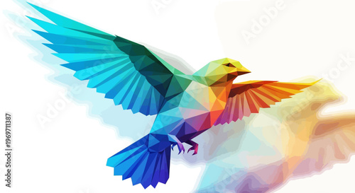 A vibrant, low-poly bird with wings spread wide, rendered in a spectrum of rainbow colors, soaring against a white background with a subtle shadow.