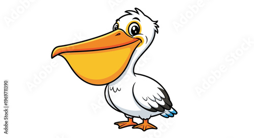A charming cartoon illustration of a white pelican with a large orange beak and yellow throat pouch, standing on its orange feet.