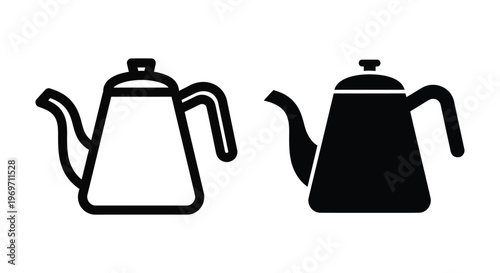 Set of two teapot icons, outline and solid style, vector illustration of kitchenware for tea preparation