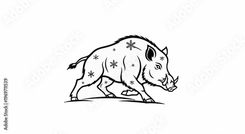 Detailed line art of a wild boar with snowflakes