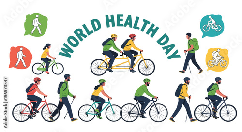 People walking and cycling for active lifestyle on World Health Day