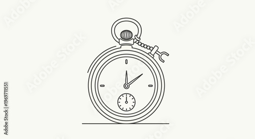 A minimalist line art illustration of a classic pocket watch with a crown and loop, depicting time and precision.
