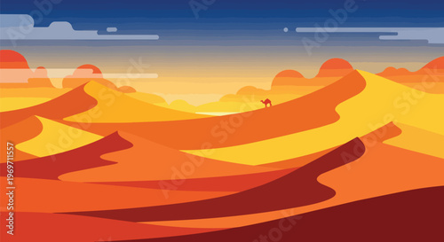 Minimalist Vector Illustration of a Desert Landscape with a Camel at Sunset