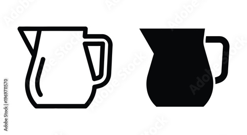 Set of two icons of a milk jug or creamer, one outline and one solid black silhouette style