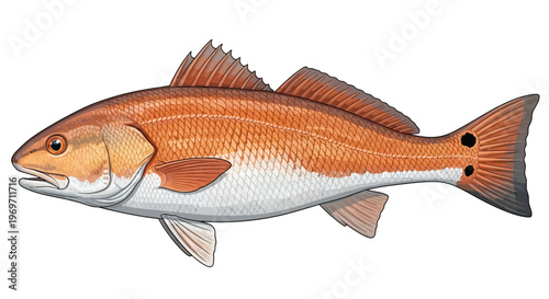 Illustration of a Red Drum fish, showcasing its distinctive reddish-bronze coloration and prominent black spots on its tail.