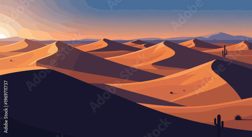 Minimalist Vector Illustration of Desert Sand Dunes at Sunset