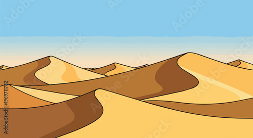 Cartoon Desert Landscape with Golden Sand Dunes and Clear Blue Sky