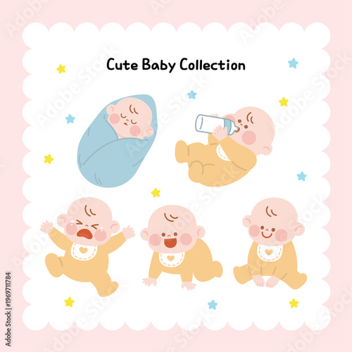 Cute baby character set with different poses and emotions, pastel style