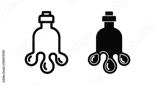 Potion bottle icon set, magical elixir in glass flask, vector illustration of liquid dripping from bottle