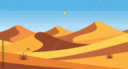 Flat Vector Illustration of Desert Sand Dunes Landscape with Clear Blue Sky
