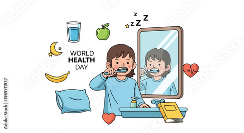 Young girl brushing teeth with healthy lifestyle icons for morning routine