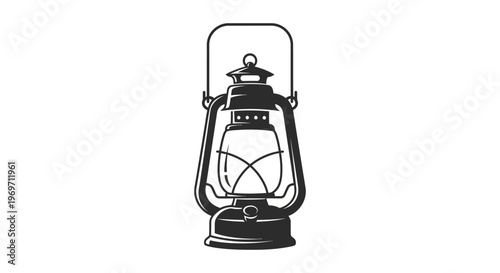 A vintage kerosene lantern with a glass globe and a metal handle, depicted in a black and white illustration.