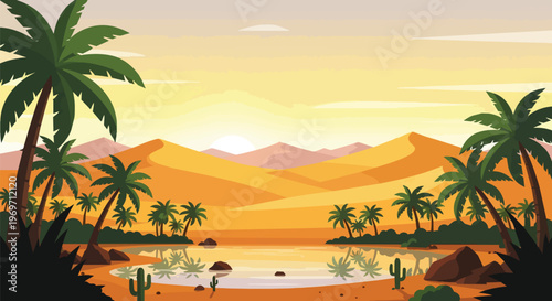 Beautiful Desert Oasis Landscape with Palm Trees and Sand Dunes at Sunset
