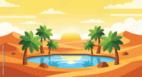 Flat Vector Illustration of an Oasis in the Desert with Palm Trees and Sunset