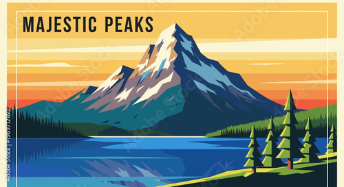 A vibrant illustration of a majestic snow-capped mountain reflecting in a serene lake at sunset, surrounded by lush evergreen forests.