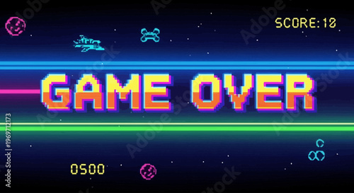 Retro pixel art "GAME OVER" screen from a classic arcade space shooter video game with neon lines and score display.